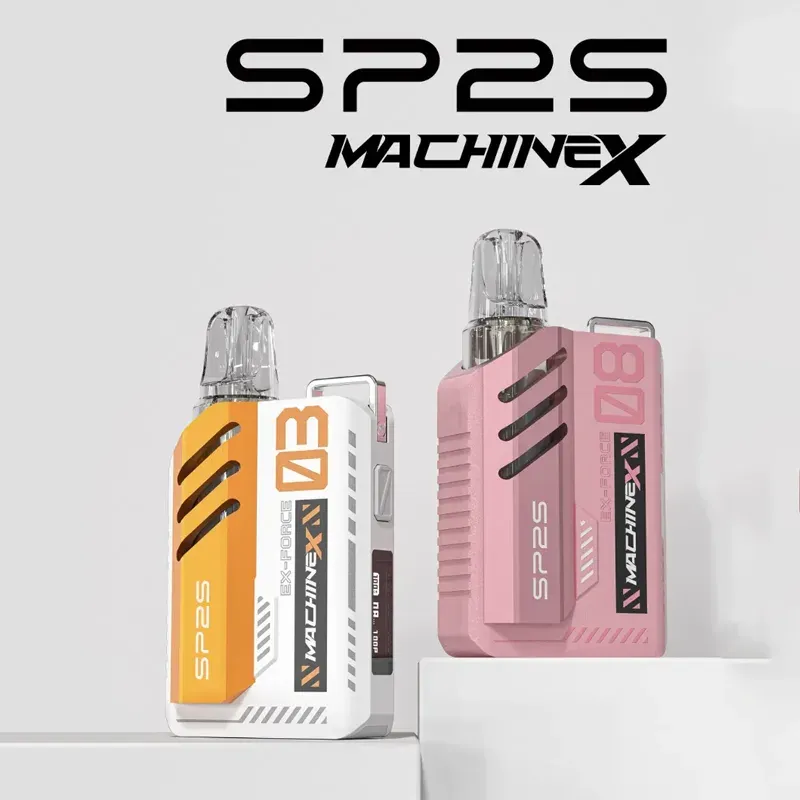 SP2S MAX 換彈式電子煙主機展示圖，呈現工業風機甲造型的黃色與粉色方塊主機。